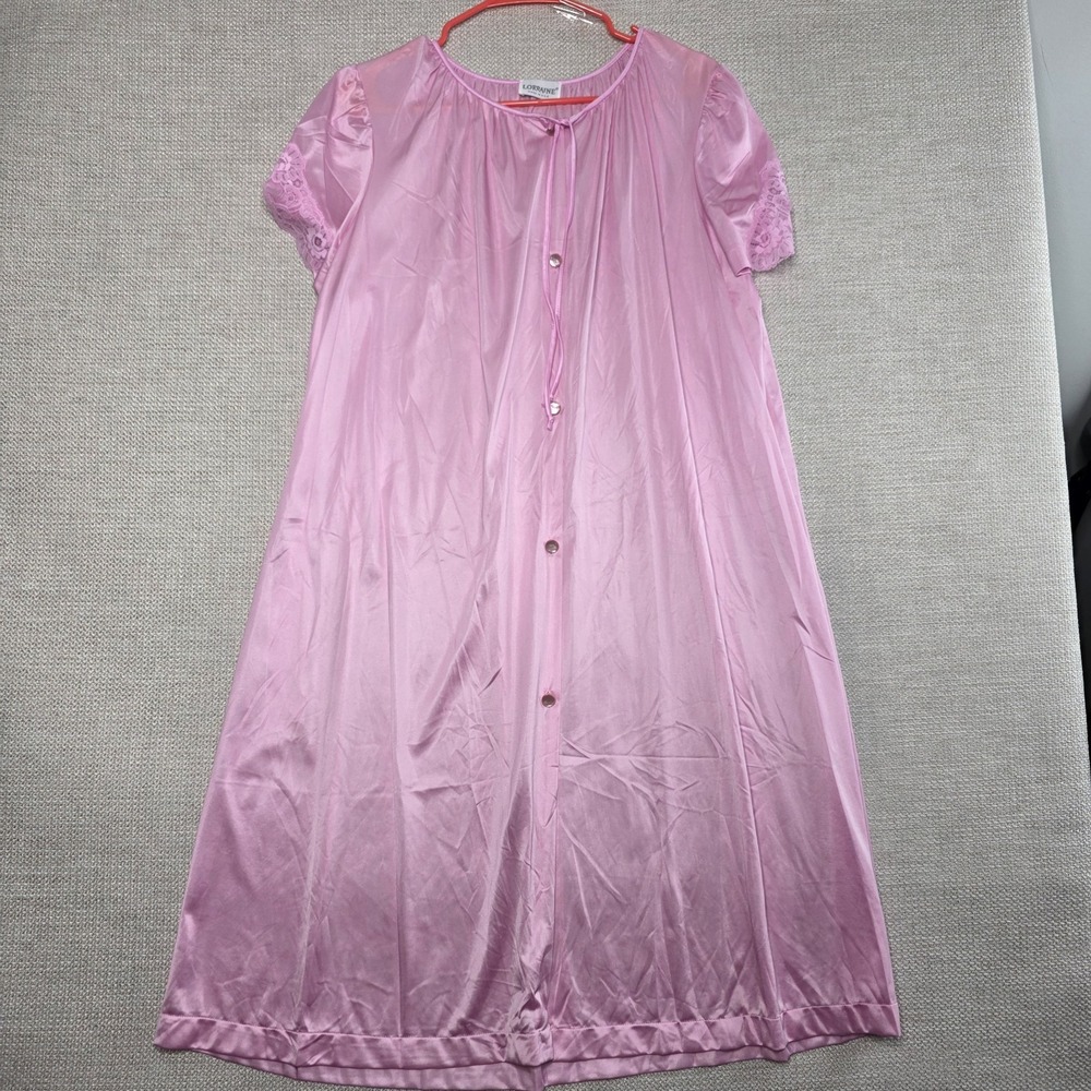 Vintage Lorraine Short Sleeve Nightgown Pink Lace Button Up USA Women's L SEE PH